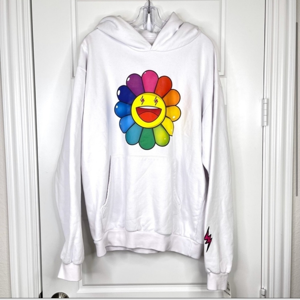 J BALVIN x TAKASHI MURAKUMI Rainbow Flower Hoodie NEW White Size L Sweatshirt